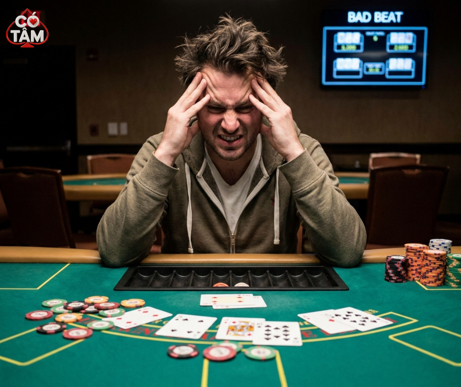 TILT Trong Poker Là Gì? Kỹ Năng Kiểm Soát Tâm Lý Tại Bàn Đấu Của Một Pro Player 2026 1 Một tay chơi poker ôm đầu thất vọng và bực tức, biểu hiện rõ ràng của việc rơi vào trạng thái Tilt sau một ván bài thua oan uổng.
