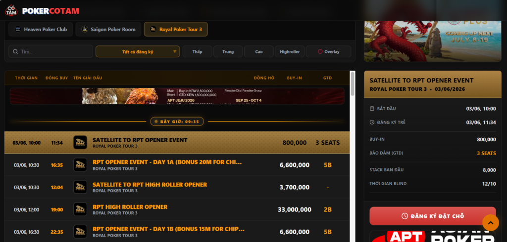 Giao diện các giải đấu RPT - Royal Poker Tour 3 trên Poker Calendar