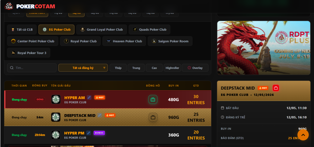 Sự xuất hiện của EG Poker Club trên hệ thống Poker Calendar