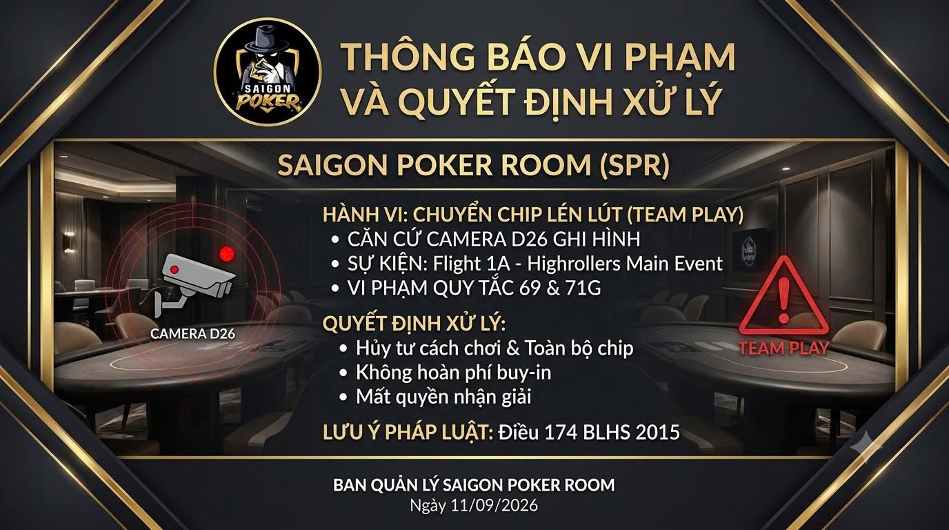 Sự cố gian lận tại giải Highrollers Main Event của Saigon Poker Room: Xử phạt nghiêm khắc, đảm bảo tính công bằng 3