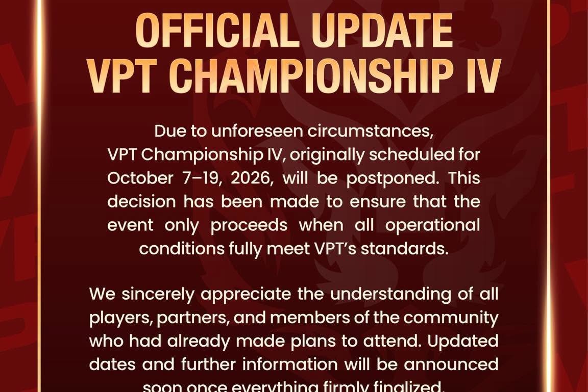VPT Championship IV chính thức tạm hoãn: Một sự đáng tiếc cho cộng đồng Poker TPHCM 4 VPT Championship IV chính thức tạm hoãn: Một sự đáng tiếc cho cộng đồng Poker TPHCM 3